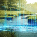Immagine concettuale fotorealistica: un flusso di dati digitali luminosi blu (rappresentanti l'IA) che si fonde armoniosamente con l'acqua limpida di un fiume che scorre attraverso un paesaggio naturale sereno con vegetazione verde, obiettivo grandangolare 20mm, messa a fuoco nitida su tutta la scena, luce del mattino dorata.