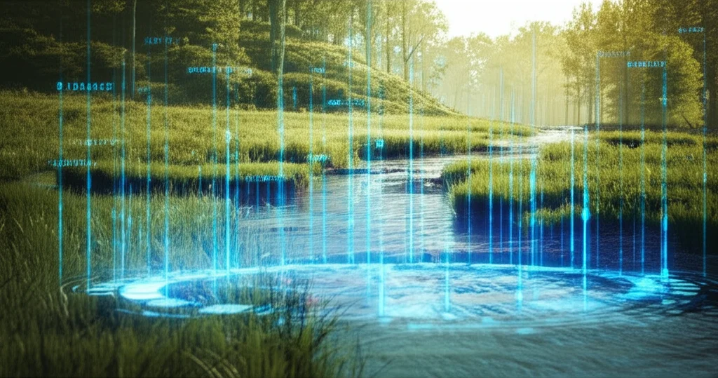 Immagine concettuale fotorealistica: un flusso di dati digitali luminosi blu (rappresentanti l'IA) che si fonde armoniosamente con l'acqua limpida di un fiume che scorre attraverso un paesaggio naturale sereno con vegetazione verde, obiettivo grandangolare 20mm, messa a fuoco nitida su tutta la scena, luce del mattino dorata.