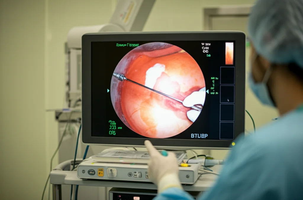 Immagine fotorealistica di una sala operatoria urologica, primo piano su un monitor che mostra la procedura B-TUEP in corso, mano guantata del chirurgo visibile mentre regola i comandi, profondità di campo, obiettivo 50mm, illuminazione realistica.