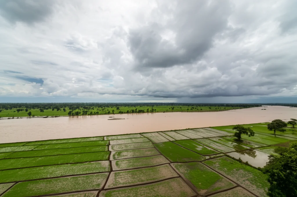 Paesaggio della pianura alluvionale del Gange durante la stagione dei monsoni, vista grandangolare 15mm, nuvole minacciose all'orizzonte, acqua del fiume limacciosa che scorre lentamente, campi verdi vulnerabili, messa a fuoco nitida.