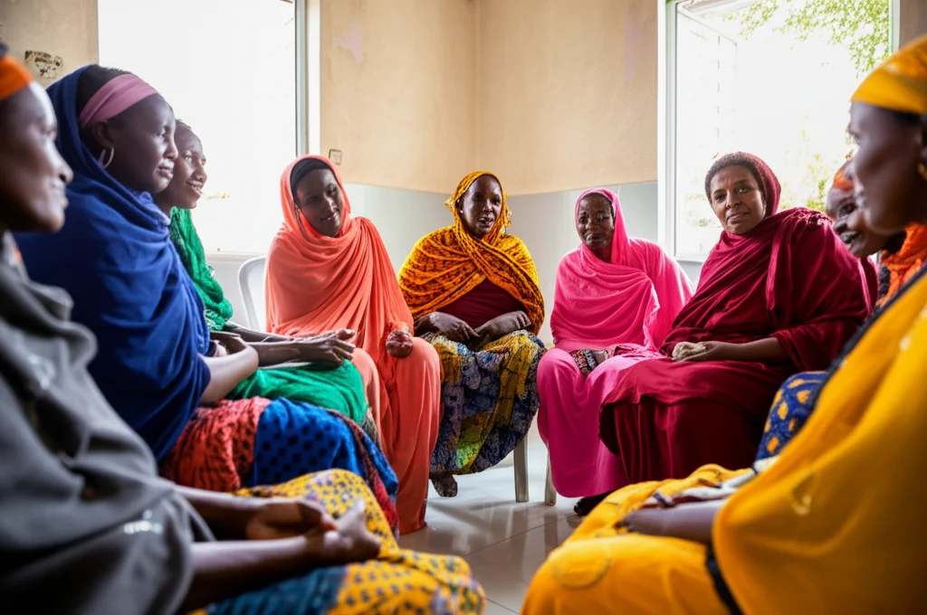 Un gruppo di donne etiopi sedute in cerchio in un ambiente comunitario semplice ma accogliente, che partecipano attivamente a una discussione di gruppo di supporto per il cancro al seno. Luce naturale morbida, espressioni di empatia e sostegno reciproco. Fotografia di ritratto di gruppo, obiettivo 35mm, profondità di campo per focalizzare sulle interazioni.