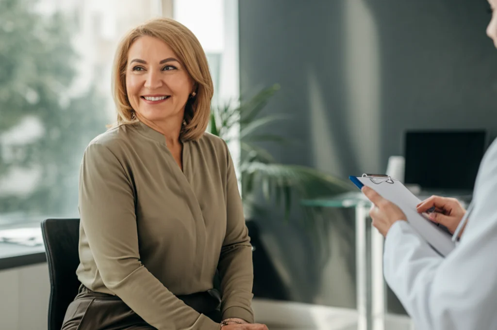 Una donna sopravvissuta al cancro al seno sorride con fiducia durante un controllo medico, luce naturale morbida che entra da una finestra, obiettivo prime 50mm, sfondo leggermente sfocato di uno studio medico accogliente e moderno, colori caldi e rassicuranti.