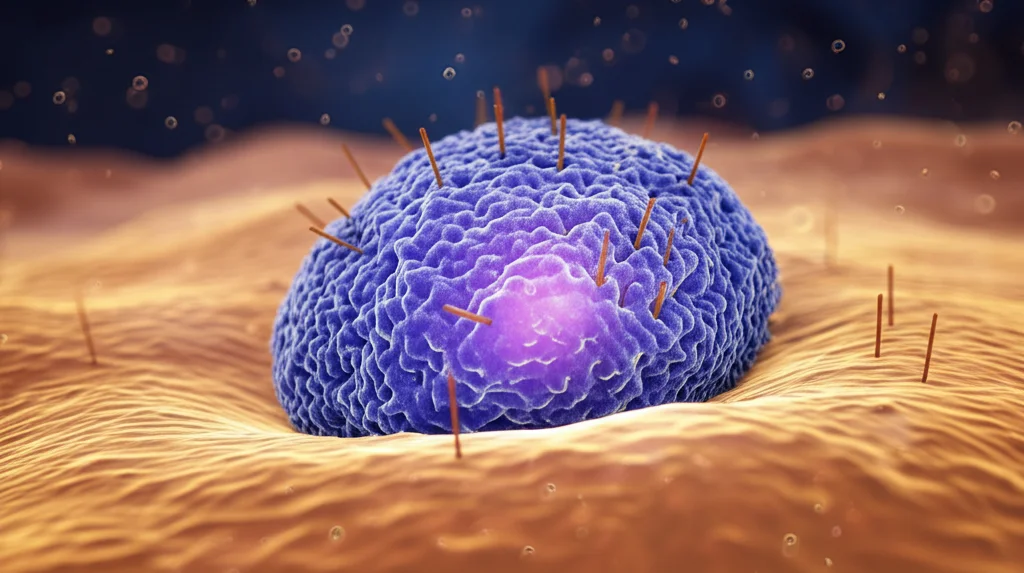 Visualizzazione astratta del meccanismo d'azione di un farmaco (SCO-101) che interagisce con una cellula tumorale pancreatica per superare la resistenza alla chemioterapia, stile fotorealistico con dettagli molecolari, illuminazione drammatica, lente macro 80mm.