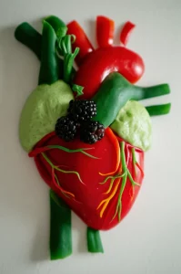 Composizione still life con cuore anatomico stilizzato fatto di frutta e verdura fresca (bacche, foglie verdi, pomodorini) su sfondo neutro e luminoso. Obiettivo macro 85mm, alta definizione, luce controllata per enfatizzare colori e texture.