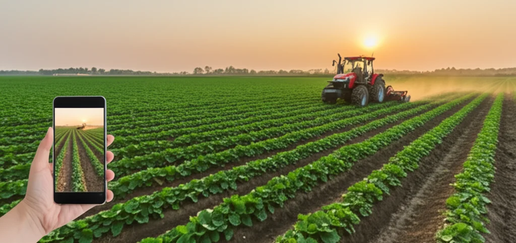 Foto panoramica di un vasto campo agricolo cinese al tramonto, con file ordinate di coltivazioni verdi. In primo piano, la mano di una persona tiene uno smartphone che mostra un'interfaccia di mobile banking o un'app agricola. Sullo sfondo, un moderno trattore rosso è in funzione. Obiettivo grandangolare 24mm, luce calda del tramonto, messa a fuoco nitida su tutta la scena, colori vividi.