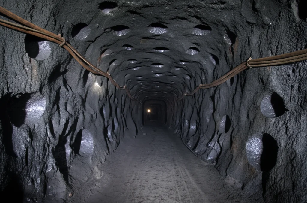 Fotografia grandangolare, obiettivo 15mm, dell'interno di un tunnel di una miniera di carbone profonda; le pareti di roccia scura mostrano chiaramente una serie di fori di grande diametro praticati per il rilascio della pressione. Luce artificiale fioca illumina la scena, lunga esposizione per catturare i dettagli, messa a fuoco nitida su tutta la scena.