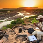 Fotografia panoramica di un fiume serpeggiante attraverso un paesaggio roccioso della Nigeria centro-settentrionale al tramonto, con un geologo in primo piano che esamina un campione di sedimento, obiettivo grandangolare 24mm, luce dorata, messa a fuoco nitida sul paesaggio.