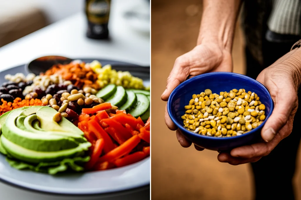Immagine composita divisa a metà: a sinistra un piatto abbondante e colorato stile dieta mediterranea su un tavolo moderno (macro lens 100mm, high detail), a destra una ciotola semplice con pochi legumi tenuta da mani segnate in un contesto rurale di un paese emergente (portrait lens 50mm, depth of field, luce naturale).