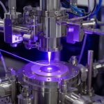 Immagine fotorealistica di un processo di sputtering magnetron DC pulsato in un laboratorio high-tech, con il plasma incandescente viola-blu visibile attorno al target metallico circolare. Dettagli precisi dell'attrezzatura scientifica in acciaio inox. Obiettivo prime 35mm, illuminazione controllata, profondità di campo ridotta per focalizzare sul plasma.