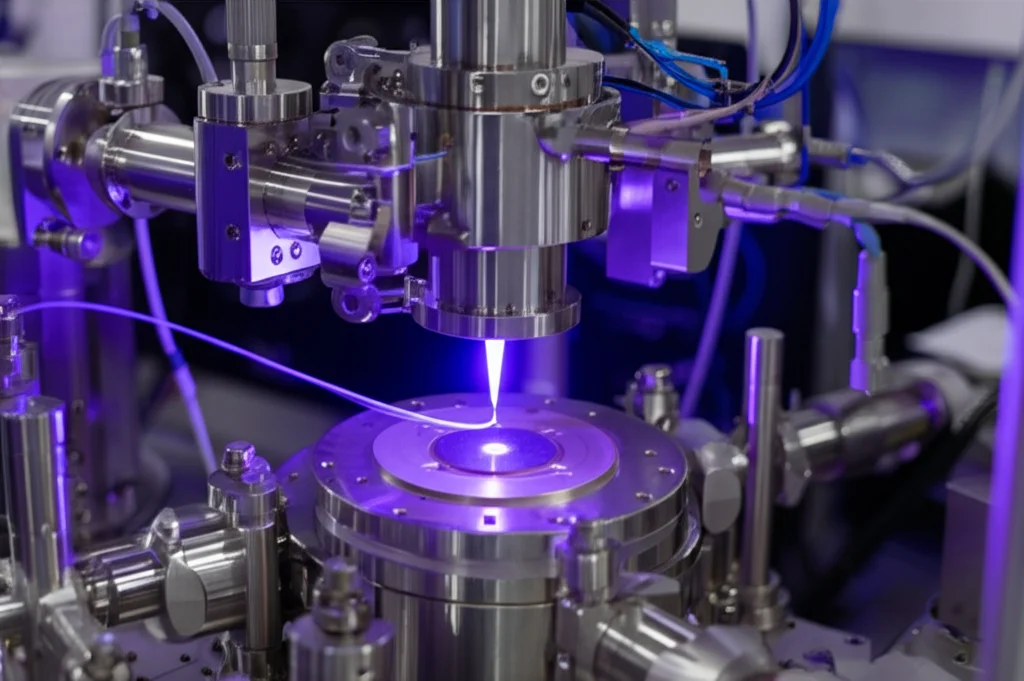 Immagine fotorealistica di un processo di sputtering magnetron DC pulsato in un laboratorio high-tech, con il plasma incandescente viola-blu visibile attorno al target metallico circolare. Dettagli precisi dell'attrezzatura scientifica in acciaio inox. Obiettivo prime 35mm, illuminazione controllata, profondità di campo ridotta per focalizzare sul plasma.