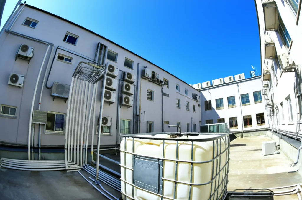Immagine grandangolare di un moderno edificio universitario o istituzionale con molte unità di condizionamento visibili sulla facciata o sul tetto. Un sistema di tubazioni in PVC raccoglie l'acqua di condensa da diverse unità e la convoglia verso un grande serbatoio di raccolta in plastica visibile in basso nel cortile. Cielo azzurro estivo limpido. Wide-angle lens, 18mm, sharp focus su tutto il campo, luce diurna brillante e naturale.
