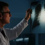 Medico in camice bianco che osserva una radiografia polmonare su uno schermo luminoso in una stanza d'ospedale poco illuminata, evidenziando aree indicative di polmonite pneumococcica, fotografia ritratto 35mm, profondità di campo ridotta, illuminazione drammatica da studio che enfatizza il volto concentrato del medico.