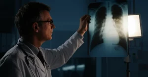 Medico in camice bianco che osserva una radiografia polmonare su uno schermo luminoso in una stanza d'ospedale poco illuminata, evidenziando aree indicative di polmonite pneumococcica, fotografia ritratto 35mm, profondità di campo ridotta, illuminazione drammatica da studio che enfatizza il volto concentrato del medico.