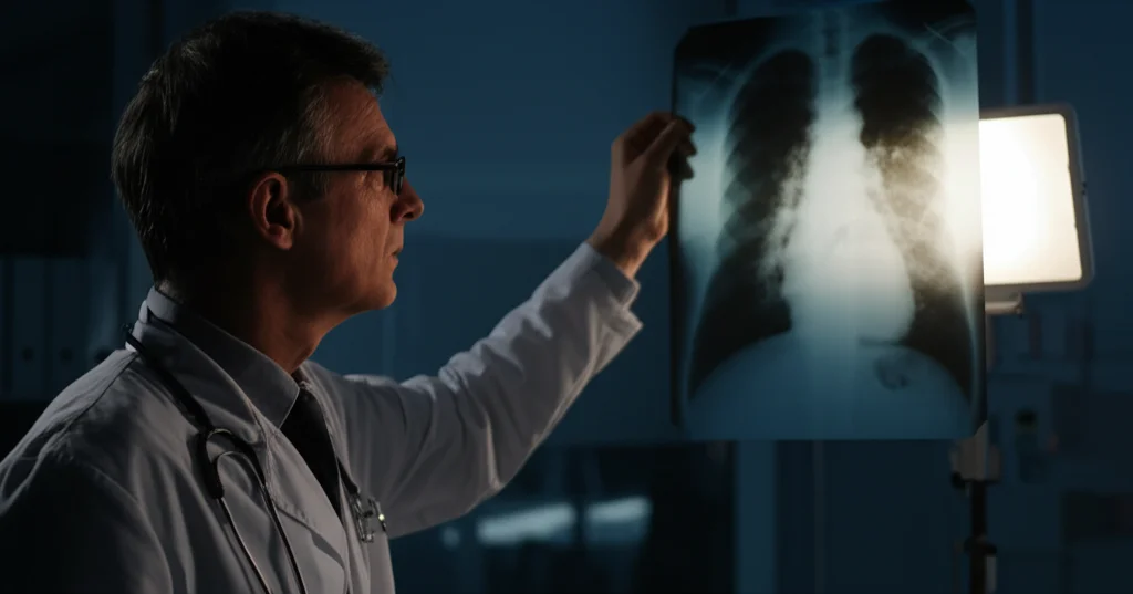 Medico in camice bianco che osserva una radiografia polmonare su uno schermo luminoso in una stanza d'ospedale poco illuminata, evidenziando aree indicative di polmonite pneumococcica, fotografia ritratto 35mm, profondità di campo ridotta, illuminazione drammatica da studio che enfatizza il volto concentrato del medico.