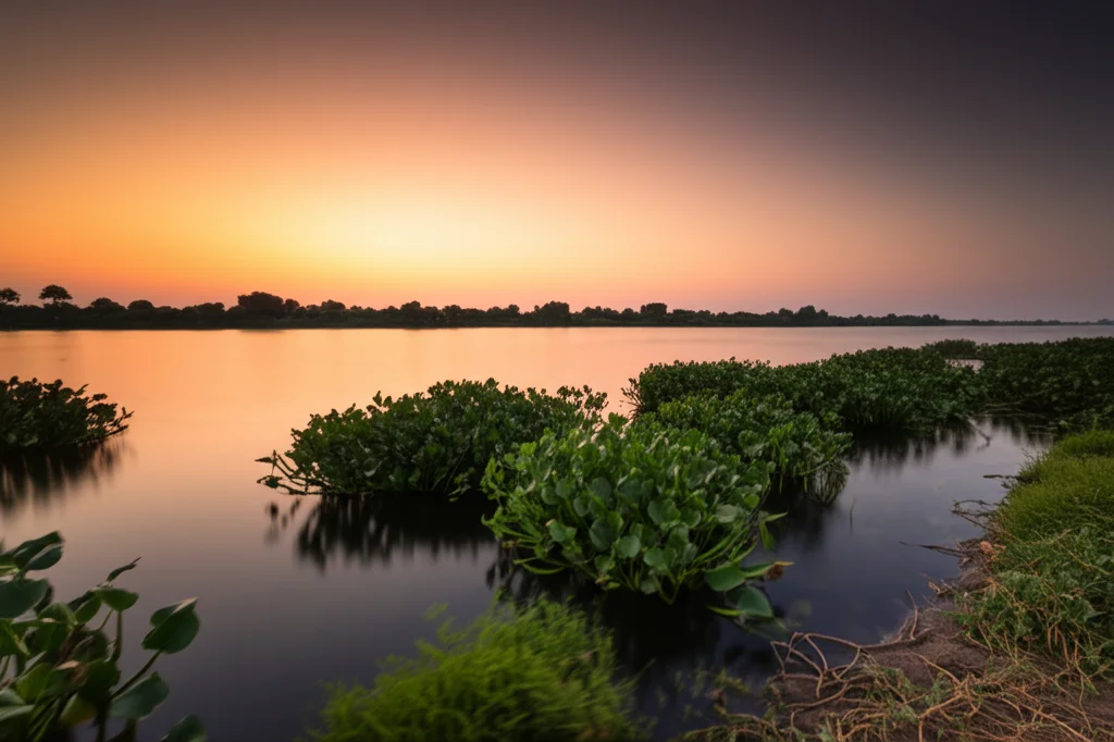 Panoramica suggestiva di un'isola del Nilo al tramonto, con lussureggiante vegetazione di macrofite acquatiche (sia emergenti che sommerse visibili vicino alla riva) in primo piano lungo la sponda, acqua calma che riflette i colori caldi del cielo, obiettivo grandangolare 18mm, lunga esposizione per rendere l'acqua setosa, messa a fuoco nitida sull'infinito per catturare l'intera scena.