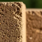 Primo piano di un blocco da costruzione ecologico realizzato con segatura di legno carbonizzata e leganti sostenibili, texture ruvida ma compatta, illuminazione naturale laterale che ne esalta la superficie, obiettivo macro 60mm, alta definizione, simbolo di edilizia sostenibile.