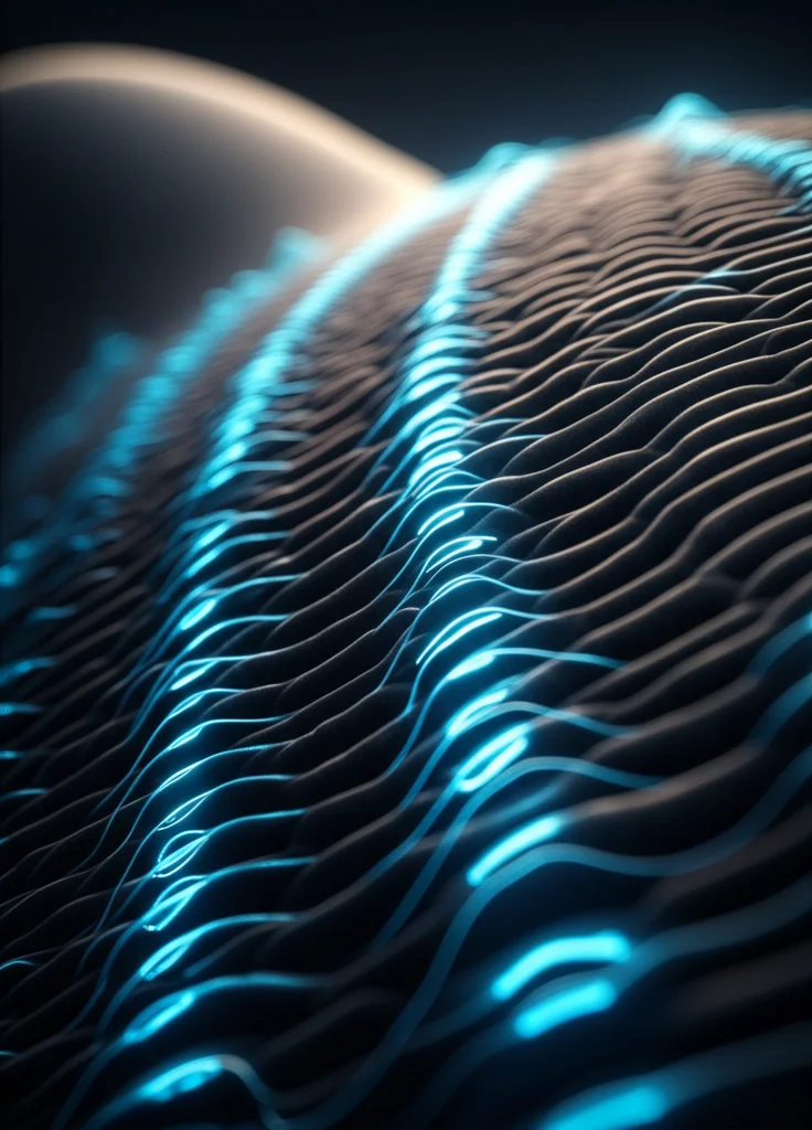 Primo piano macro fotorealistico della pelle di un delfino che mostra micro-strutture ondulate, con sovrapposta una visualizzazione high-tech di onde ultrasoniche blu brillanti che emanano dalla superficie. Effetto profondità di campo, obiettivo macro 90mm, illuminazione drammatica e controllata per evidenziare texture e onde.