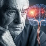 Ritratto fotografico di un uomo anziano con espressione pensierosa, in bianco e nero con un leggero duotone blu-grigio. Sovrapposta in modo sottile, una visualizzazione stilizzata delle arterie cerebrali con un punto luminoso che indica infiammazione. Obiettivo 35mm, profondità di campo ridotta per focalizzare sul volto.