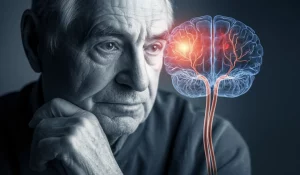 Ritratto fotografico di un uomo anziano con espressione pensierosa, in bianco e nero con un leggero duotone blu-grigio. Sovrapposta in modo sottile, una visualizzazione stilizzata delle arterie cerebrali con un punto luminoso che indica infiammazione. Obiettivo 35mm, profondità di campo ridotta per focalizzare sul volto.