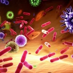 Visualizzazione 3D del microbiota all'interno degli alveoli polmonari, con diversi tipi di batteri, funghi e virus rappresentati in colori vivaci. Immagine macro 60mm, alta definizione dei dettagli microbici, illuminazione interna suggestiva che evidenzia la complessità dell'ecosistema, focus nitido sull'interazione tra i microrganismi.