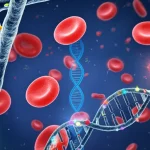 Visualizzazione astratta del flusso sanguigno con globuli rossi e piastrine, con sovrapposte rappresentazioni stilizzate di doppie eliche del DNA e marcatori molecolari luminosi, sfondo blu scuro, illuminazione suggestiva, alta definizione, simboleggia il legame tra genetica e trombosi nella mielofibrosi.