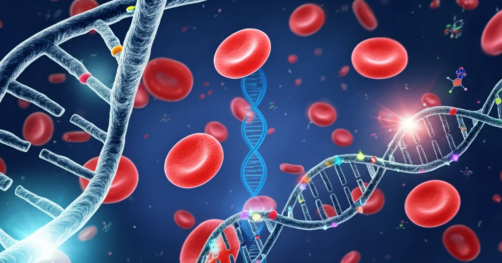 Visualizzazione astratta del flusso sanguigno con globuli rossi e piastrine, con sovrapposte rappresentazioni stilizzate di doppie eliche del DNA e marcatori molecolari luminosi, sfondo blu scuro, illuminazione suggestiva, alta definizione, simboleggia il legame tra genetica e trombosi nella mielofibrosi.