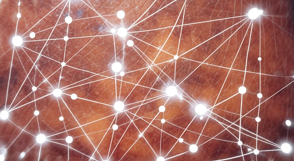 Visualizzazione astratta di una rete neurale convoluzionale (CNN) con strati luminosi e connessioni, sovrapposta a un'immagine dermatoscopica ad alta risoluzione di una lesione cutanea sospetta, concetto di intelligenza artificiale applicata alla diagnosi medica del cancro della pelle.