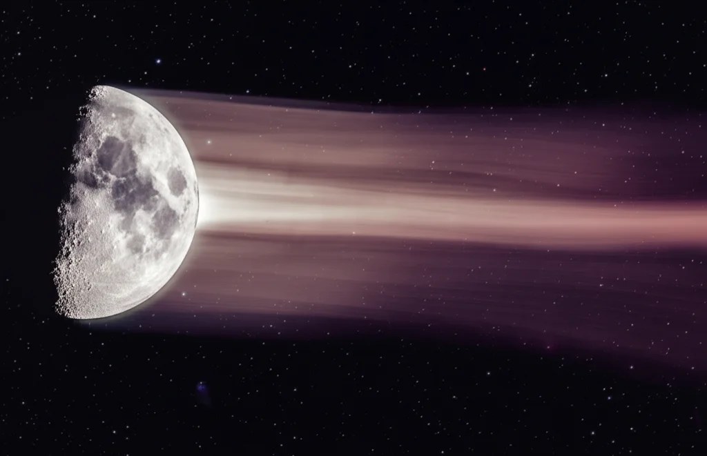 Astrofotografia della Luna vista dallo spazio, con la scia di plasma turbolenta (lunar wake) che si estende dietro di essa a causa dell'interazione con il vento solare. Obiettivo grandangolare 10mm, lunga esposizione per catturare i dettagli deboli del plasma, messa a fuoco nitida sulla Luna e sulla scia.