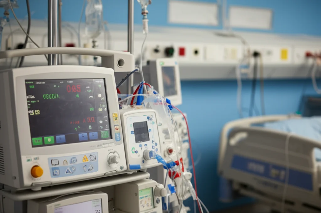 Fotografia realistica di una macchina ECMO VA in funzione accanto a un letto di terapia intensiva in un ospedale moderno, luci soffuse dell'ambiente ospedaliero, dettagli nitidi sulla console touch screen e sui tubi rossi e blu, obiettivo 50mm, profondità di campo che sfoca leggermente lo sfondo.