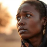 Fotografia ritratto toccante di una giovane donna senegalese (sui 20 anni) che guarda lontano con speranza mista a preoccupazione, simboleggiando le sfide nell'accesso alla sanità. Ambientazione esterna senegalese, luce calda del tramonto. Obiettivo 50mm, profondità di campo media, stile fotogiornalistico.