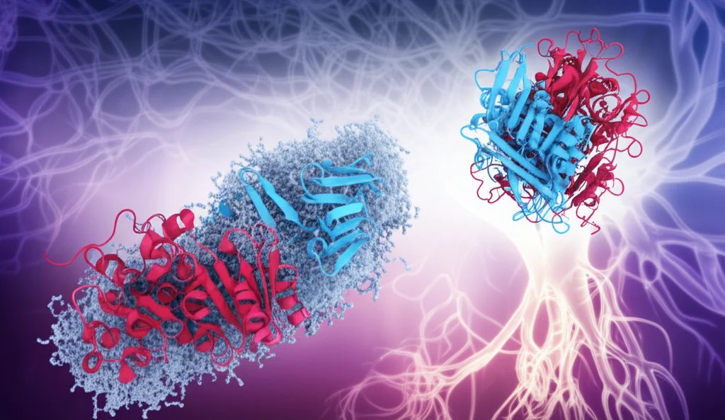 Illustrazione medica che mostra la proteina transtiretina (TTR) nella sua forma normale e nella forma mutata che porta alla formazione di fibrille amiloidi, con un focus sulla struttura proteica. Sfondo astratto che richiama il sistema nervoso e il cuore. Stile fotorealistico con dettagli molecolari accurati.