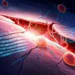 Immagine concettuale astratta che rappresenta la rottura della parete aortica (dissezione aortica) con elementi sovrapposti che simboleggiano l'analisi bioinformatica (codice binario, reti neurali) e le cellule immunitarie stilizzate infiltranti. Illuminazione drammatica laterale, profondità di campo ridotta per focalizzare sulla zona di rottura. Colori dominanti blu freddo (simbolo della tecnologia/analisi) e rosso acceso (simbolo del danno/infiammazione) per creare forte contrasto.