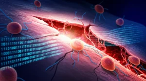 Immagine concettuale astratta che rappresenta la rottura della parete aortica (dissezione aortica) con elementi sovrapposti che simboleggiano l'analisi bioinformatica (codice binario, reti neurali) e le cellule immunitarie stilizzate infiltranti. Illuminazione drammatica laterale, profondità di campo ridotta per focalizzare sulla zona di rottura. Colori dominanti blu freddo (simbolo della tecnologia/analisi) e rosso acceso (simbolo del danno/infiammazione) per creare forte contrasto.