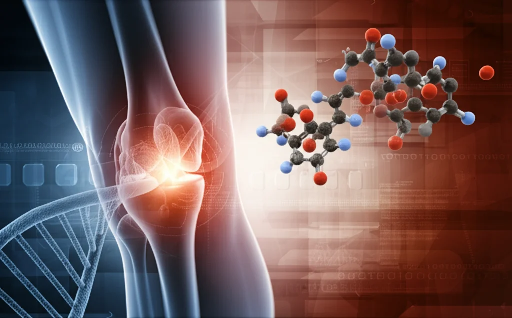 Immagine concettuale che mostra una molecola di testosterone stilizzata fluttuante vicino a un'articolazione del ginocchio con evidenti segni di usura artrosica. Sfondo astratto con elementi scientifici e genetici. Lente prime 35mm, profondità di campo accentuata, colori duotone blu scuro e arancione caldo per creare contrasto.
