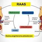 Immagine concettuale del sistema renina-angiotensina-aldosterone (RAAS) visualizzato come un complesso meccanismo biologico all'interno del corpo umano, con enfasi sull'aldosterone. Macro lens, 70mm, high detail, controlled lighting, focus on hormonal pathways.
