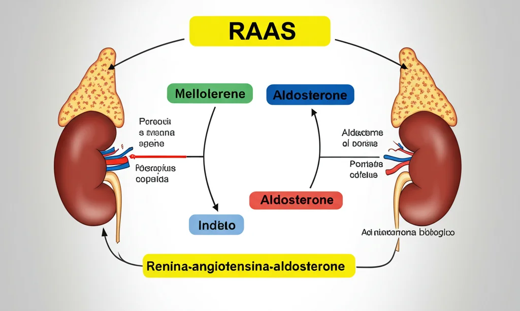 Immagine concettuale del sistema renina-angiotensina-aldosterone (RAAS) visualizzato come un complesso meccanismo biologico all'interno del corpo umano, con enfasi sull'aldosterone. Macro lens, 70mm, high detail, controlled lighting, focus on hormonal pathways.