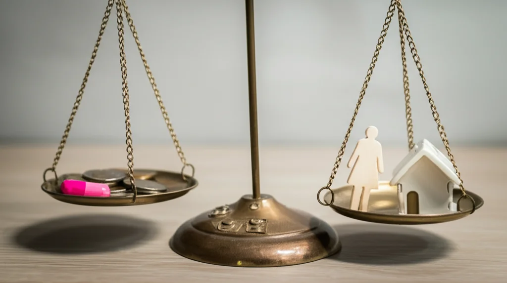 Immagine concettuale fotorealistica: una bilancia antica, su un piatto una capsula medica rosa, sull'altro diverse monete, una piccola casa giocattolo e una figura stilizzata di una persona che ne aiuta un'altra, a rappresentare l'equilibrio tra cura medica e determinanti sociali della salute nel cancro al seno. Obiettivo 50mm, luce laterale morbida, profondità di campo, sfondo neutro leggermente sfocato.