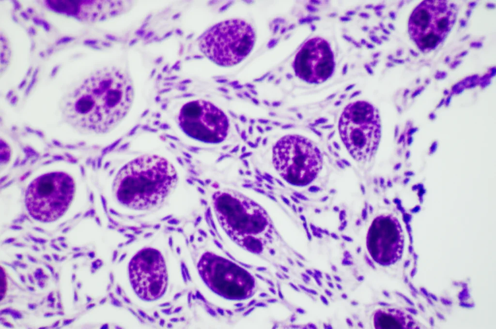 Immagine macro ad alta definizione di cellule tumorali della vescica su un vetrino da laboratorio, 100mm macro lens, illuminazione controllata e precisa, che mostra sottili differenze morfologiche potenzialmente legate all'espressione dell'enzima IDO1, focus nitido sulle cellule, sfondo leggermente sfocato per profondità di campo.