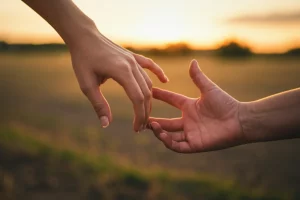 Immagine simbolica e realistica di due mani, una giovane e una adulta, che cercano di toccarsi ma sono separate da una distanza, su uno sfondo rurale sfocato al tramonto, rappresentando le difficoltà nella continuità delle cure per i giovani con autismo. Obiettivo 50mm, profondità di campo ridotta.