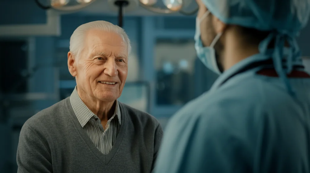 Portrait photography, prime lens 35mm, depth of field, luce naturale e morbida. Un paziente anziano, dall'aspetto sereno e in salute, sorride leggermente mentre parla con un chirurgo in un ambiente clinico moderno e luminoso. Il focus è sul volto del paziente, trasmettendo speranza e benessere post-operatorio.