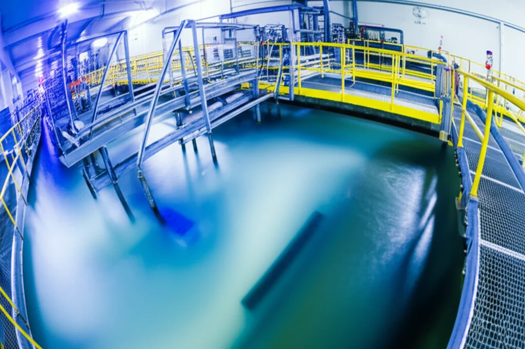 Vista grandangolare di un moderno impianto di trattamento delle acque reflue industriali, focalizzato su una vasca di reazione illuminata da luce UV, dove l'acqua bluastra viene trattata con elettrodi compositi titanio/grafite visibili. L'acqua nelle vasche successive appare progressivamente più chiara. Ambiente pulito e tecnologico, wide-angle 15mm, long exposure per acqua liscia, sharp focus sull'area di reazione.
