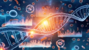 Visualizzazione 3D artistica di un filamento di DNA a doppia elica, con specifiche sezioni (geni) evidenziate da una luce brillante, tra cui spicca il gene SF3A3. Sullo sfondo, una rappresentazione astratta di cellule del colon-retto e grafici di dati genomici. Illuminazione drammatica, stile cinematografico high-tech, obiettivo prime 35mm, duotone blu scuro e arancione acceso per evidenziare i geni chiave.