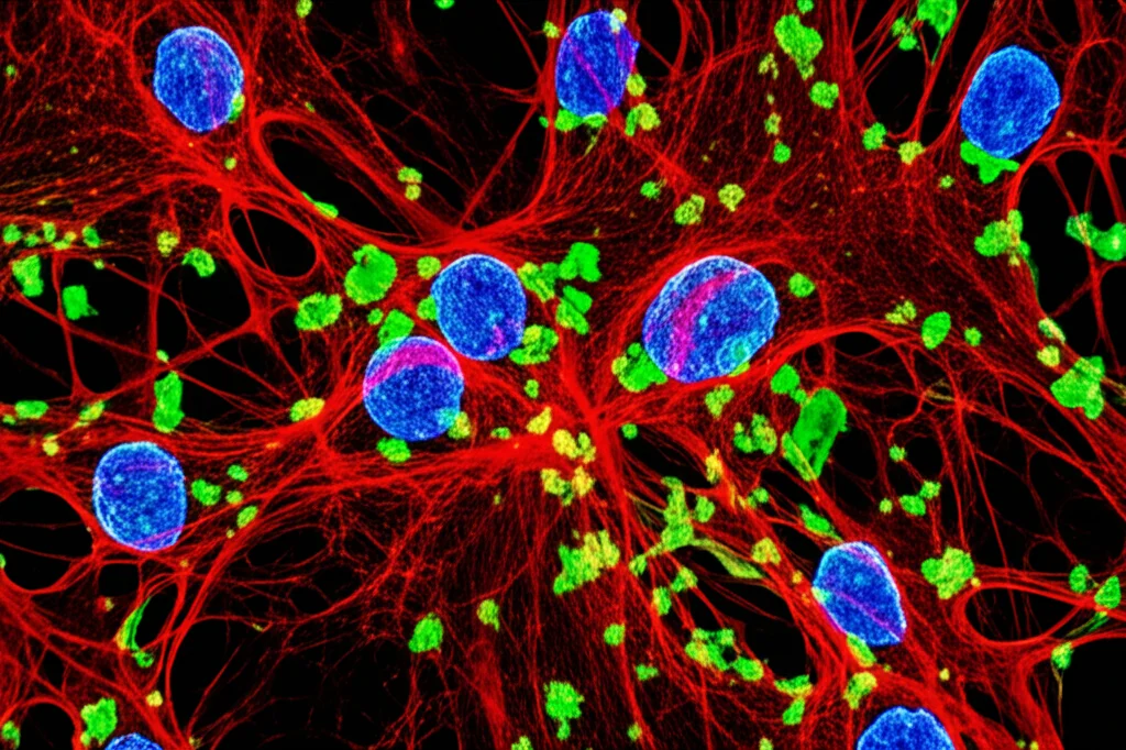 Visualizzazione 3D del microambiente leptomeningeo durante la metastasi del medulloblastoma. Si vedono cellule tumorali (blu brillante) interagire strettamente con fibroblasti meningei riprogrammati (verdi, allungati) e vasi sanguigni (rossi). La matrice extracellulare è rappresentata come una rete sottile. Illuminazione drammatica che evidenzia le interazioni cellulari, stile fotorealistico scientifico, obiettivo macro 90mm, alta definizione, profondità di campo ridotta per focalizzare l'attenzione.