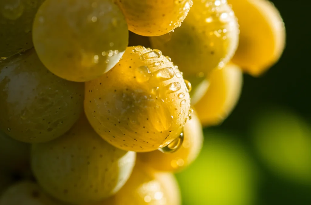 Close-up macro shot di un grappolo d'uva Chardonnay dorato sulla vite, con gocce di rugiada scintillanti, illuminato dalla luce del mattino, obiettivo macro 105mm, alta definizione, messa a fuoco precisa.