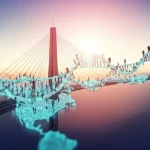 Concetto artistico fotorealistico di un ponte luminoso che collega diverse mappe genetiche stilizzate rappresentanti popolazioni mondiali diverse (Europa, Africa, Asia, Americhe), simboleggiando JointPRS che unisce i dati genetici superando le barriere. Obiettivo grandangolare 20mm, illuminazione drammatica all'alba, alta definizione, effetto profondità di campo.