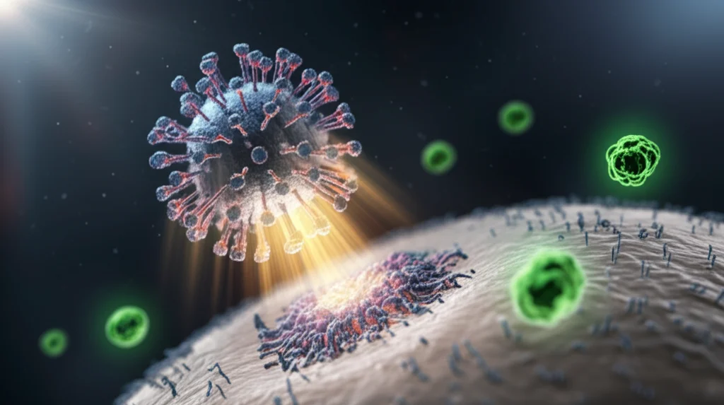 Concetto artistico-scientifico che illustra una nanoparticella bionica STK11@PPCM (sfera luminosa con dettagli molecolari) che interagisce con una cellula tumorale polmonare (grigia, opaca), innescando segnali immunitari (simboleggiati da raggi luminosi gialli e blu) che attirano cellule T killer (verdi, dinamiche). Sfondo scuro e astratto, illuminazione drammatica focalizzata sull'interazione, stile fotorealistico con elementi astratti, 35mm lens, profondità di campo ridotta per enfatizzare il soggetto.