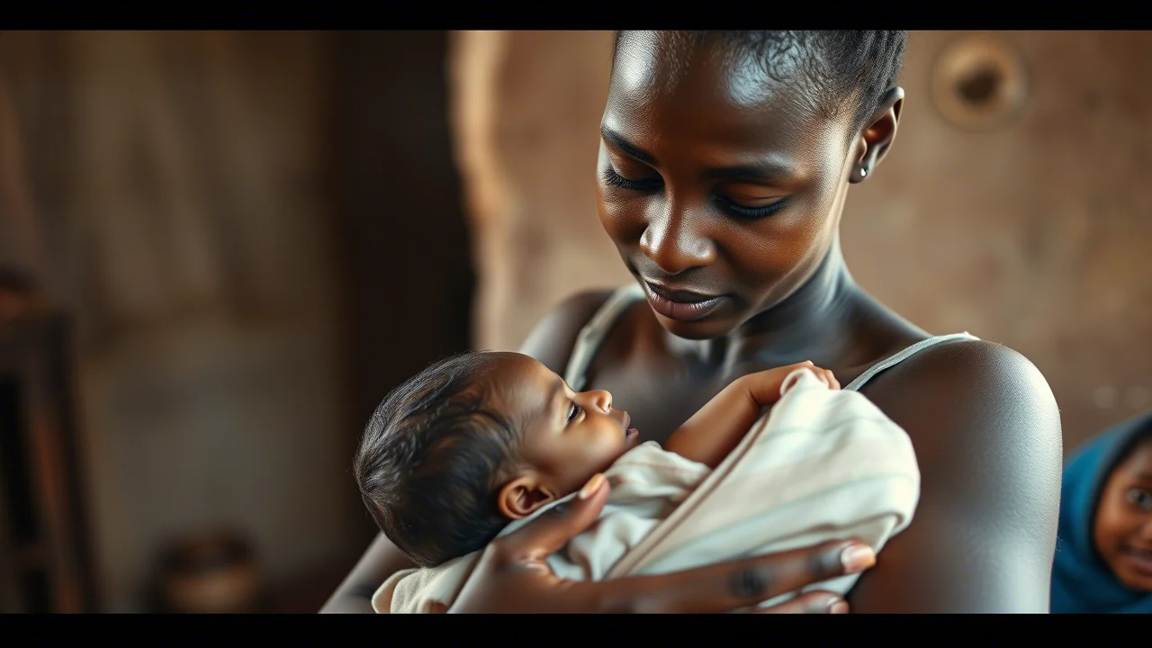 Fotografia ritratto di una giovane madre ghanese che tiene dolcemente in braccio il suo neonato avvolto in un panno colorato. L'attenzione è sulla connessione tra madre e figlio. Lo sfondo suggerisce sottilmente un'abitazione umile in una slum urbana, leggermente sfocato. Luce naturale calda che illumina i volti, profondità di campo ridotta, obiettivo 35mm.