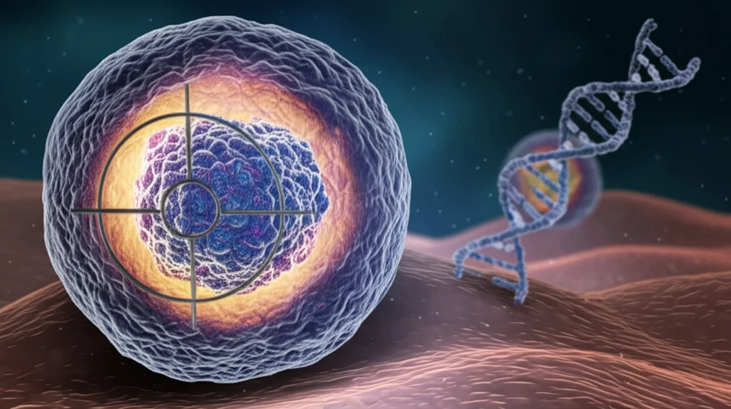 Illustrazione concettuale fotorealistica della sinergia tra due farmaci (Olaparib e Cisplatino) che attaccano una cellula tumorale del seno, visualizzata come un bersaglio complesso con DNA danneggiato al centro. Stile high detail con dettagli molecolari astratti, illuminazione focalizzata e drammatica, obiettivo 50mm prime lens, profondità di campo ridotta.