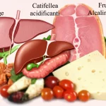 Immagine concettuale che mostra una cistifellea con calcoli accanto a cibi acidificanti come carne e formaggio e cibi alcalinizzanti come frutta e verdura. Macro lens, 60mm, high detail, controlled lighting.