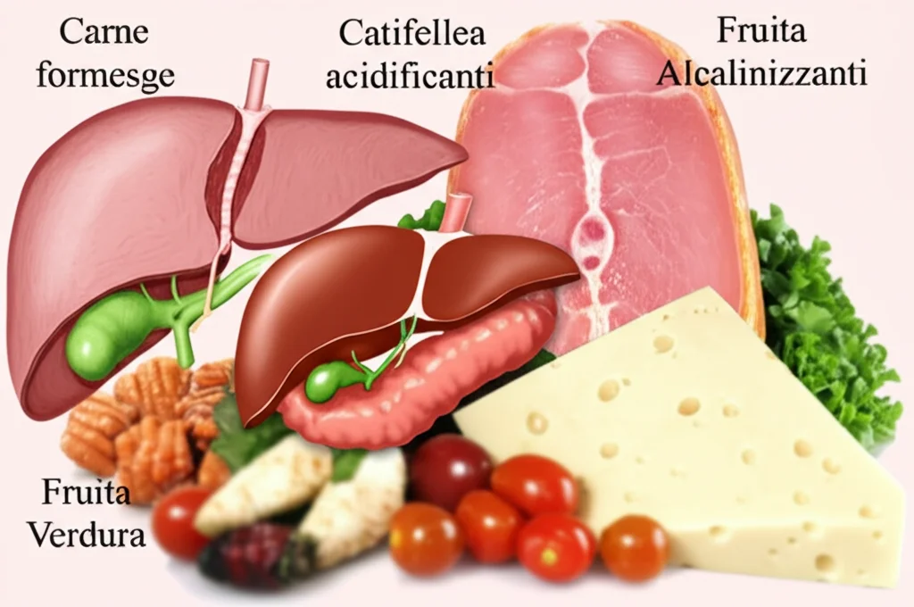 Immagine concettuale che mostra una cistifellea con calcoli accanto a cibi acidificanti come carne e formaggio e cibi alcalinizzanti come frutta e verdura. Macro lens, 60mm, high detail, controlled lighting.
